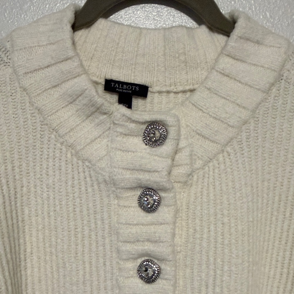 Talbots Cream Ribbed Henley Sweater Top with Beautiful Rhinestone Buttons - Picture 8 of 10
